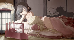 Rule 34 | 2girls, arm rest, armpit peek, back, backlighting, bedroom, black hair, blanket, blonde hair, bob cut, closed mouth, collarbone, couple, cup, drawer, elbow rest, facing away, floral print, from behind, fusuma, futon, hair spread out, half-closed eyes, indoors, long hair, looking at another, looking to the side, lying, multiple girls, muted color, nude, on side, original, pillow, red eyes, revision, sakuraba yuuki, short hair, sleeping, sliding doors, smile, split mouth, swept bangs, tatami, teapot, thick eyelashes, under covers, very long hair, yuri