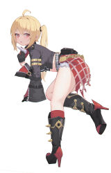 1girl absurdres ahoge ankle_boots black_footwear black_gloves black_jacket black_shirt blonde_hair boots commentary_request crop_top cropped_shirt from_side full_body gloves hair_between_eyes high_heel_boots high_heels highres jacket leaning_forward lishu_(2013547716) long_hair long_sleeves looking_at_viewer luciana_de_montefio mask mask_around_neck micro_shorts midriff navel open_mouth shirt short_shorts shorts side_ponytail simple_background solo thighs white_background zenless_zone_zero