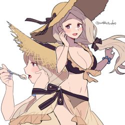 Rule 34 | 1girl, adjusting hair, bikini, black bikini, black bow, blonde hair, blue nails, blush, bow, breasts, cleavage, collarbone, do m kaeru, eating, fingernails, fire emblem, fire emblem: three houses, fire emblem heroes, floating hair, forehead, hair bow, hand on own face, hat, hat bow, holding, holding spoon, jewelry, large breasts, long hair, looking at viewer, low-tied long hair, mercedes von martritz, nail polish, navel, nintendo, official alternate costume, open mouth, parted bangs, ponytail, purple eyes, sarong, side ponytail, simple background, solo, spoon, straw hat, sun hat, swimsuit, twitter username, white background