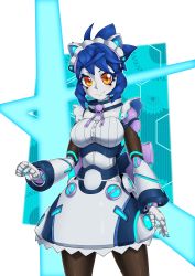 Rule 34 | 1girl, absurdres, android, bell, blue hair, brown eyes, clenched hand, commentary, english commentary, grey skirt, highres, indie virtual youtuber, joints, kitone (vtuber), looking at viewer, metal skin, neck bell, open hand, robot joints, skirt, solo, virtual youtuber, yuuyatails
