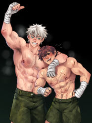 Rule 34 | 2boys, abs, arm around shoulder, arm up, armpit hair, armpits, bandaged hand, bandaged wrist, bandages, bara, brown eyes, brown hair, chest hair, green shorts, grin, highres, large pectorals, looking at another, male focus, multiple boys, muscular, muscular male, navel, nipples, one eye covered, original, pectorals, scar, scar on chest, shorts, smile, sweat, sweatdrop, topless male, user nndd2428, white hair