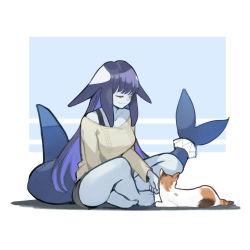 Rule 34 | 1girl, animal, baniran dorosu, black hair, blue eyes, breasts, cat, cetacean tail, closed eyes, closed mouth, fins, fish tail, full body, large breasts, long sleeves, monster girl, multicolored hair, orca girl, original, petting, purple hair, sitting, smile, sweater, tail, white hair
