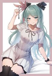 Rule 34 | 1girl, aqua eyes, aqua hair, black bow, black thighhighs, bow, breasts, dress, hair bow, hatsune miku, highres, large breasts, looking at viewer, revebw, sitting, solo, thighhighs, thighs, vocaloid, white dress