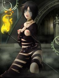 Rule 34 | 1girl, black hair, breasts, breasts out, cape, choker, demon&#039;s souls, dress, feccso, female focus, fire, from software, jewelry, kneeling, maiden in black, necklace, nipples, no eyes, open mouth, short hair, solo, staff, stairs, statue, tongue