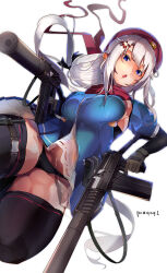 Rule 34 | 1girl, 9a-91, 9a-91 (girls&#039; frontline), absurdres, ammunition pouch, artist name, assault rifle, beret, black panties, blue dress, blue eyes, brown gloves, dress, dual wielding, girls&#039; frontline, gloves, gun, hair between eyes, hair ornament, hat, highres, holding, long hair, open mouth, panties, pez (pezqaq1), pouch, red headwear, red scarf, rifle, scarf, see-through, star (symbol), star hair ornament, suppressor, underwear, weapon, white background