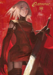 Rule 34 | 1girl, armor, artist request, blonde hair, breasts, cape, claymore (series), claymore (sword), copyright name, gloves, gradient background, grey eyes, long hair, miria, painterly, red background, scar, solo, sword, thighhighs, weapon, yinwoeren