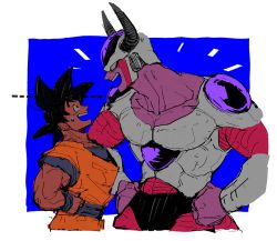 Rule 34 | 2boys, ^^^, black eyes, black hair, blue background, commentary request, cowboy shot, dougi, dragon ball, dragonball z, eye contact, frieza, hand on own hip, height difference, horns, kokusoji, looking at another, looking down, male focus, multiple boys, nervous, nervous smile, open mouth, profile, red eyes, short hair, simple background, smile, son goku, spiked hair, sweatdrop, teeth, two-tone background, upper body, white background, wristband
