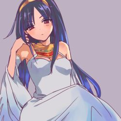 Rule 34 | 1girl, bad id, bad pixiv id, bare shoulders, black hair, blue eyes, breasts, cleavage, detached sleeves, dress, egyptian, hairband, isis (p&amp;d), jewelry, long hair, necklace, nove (legge), puzzle &amp; dragons, red eyes, small breasts, solo, tiara, white dress