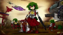 Rule 34 | 4girls, aircraft, airplane, bandages, blood, bloodycat, bow, clone, detached sleeves, female focus, gap (touhou), gears of war, green hair, gun, hair bow, hakurei reimu, highres, japanese clothes, kazami yuuka, mary janes, mecha, miko, multiple girls, red eyes, robot, shoes, torii, torn clothes, touhou, weapon