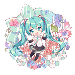 Rule 34 | 1girl, absurdres, aqua eyes, aqua hair, aqua necktie, bare shoulders, blush, chaji xiao bai, chibi, detached sleeves, eighth note, flower, full body, hair ornament, hand up, hatsune miku, headset, highres, leaf, light blush, long hair, looking at viewer, morning glory, musical note, necktie, orchid, ribbon, shirt, skirt, sleeveless, sleeveless shirt, smile, solo, spider lily, thighhighs, very long hair, vocaloid, white background, white shirt, zettai ryouiki