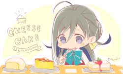 Rule 34 | 1girl, ahoge, cake, cake slice, character name, cheesecake, colis, dessert, food, fork, green neckwear, grey eyes, grey hair, kantai collection, kiyoshimo (kancolle), long hair, low twintails, school uniform, solo, twintails, two-tone background, upper body, utensil in mouth, white background, yellow background