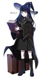 Rule 34 | 1girl, black footwear, black necktie, black skirt, black socks, black sweater, blue hair, book, collared shirt, full body, hat, highres, holding, holding book, knock 0, necktie, original, see-through headwear, shirt, shoes, simple background, skirt, socks, solo, suitcase, sweater, twitter username, white background, white shirt, witch, witch hat, yellow eyes