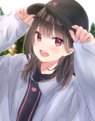 Rule 34 | 1girl, black hat, blush, commentary, grey jacket, hands on headwear, haru (re ilust), hat, heart, highres, jacket, looking at viewer, medium hair, nail polish, open mouth, original, outdoors, pink eyes, pink nails, round teeth, sleeves past wrists, solo, teeth, upper body