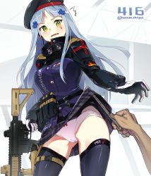 Rule 34 | 1girl, assault rifle, beret, black thighhighs, blunt bangs, blush, breasts, character name, clothes lift, clothes writing, embarrassed, facial mark, german flag, girls&#039; frontline, gloves, green eyes, gun, h&amp;k hk416, hair ornament, hat, heckler &amp; koch, hk416 (girls&#039; frontline), holding, holding gun, holding weapon, jacket, long hair, looking at viewer, magazine (weapon), medium breasts, open mouth, panties, pink panties, plaid, plaid skirt, rifle, silver hair, skirt, skirt lift, super zombie, surprised, teardrop, thighhighs, thighs, twitter username, underwear, very long hair, weapon