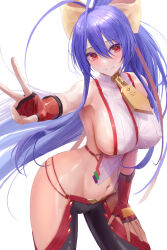 Rule 34 | 1girl, areola slip, blazblue, blue hair, breasts, fingerless gloves, gloves, hair ribbon, hand on leg, hand on own leg, hand on own thigh, hand on thigh, highres, large breasts, leaning forward, long hair, looking at viewer, mai natsume, midriff, navel, pants, ponytail, red eyes, ribbon, sideboob, smile, v