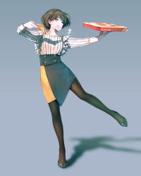 Rule 34 | 1girl, black footwear, black pantyhose, bob cut, brown hair, cheese trail, eating, food, grey background, highres, holding, holding food, holding pizza, long sleeves, okeno kamoku, original, pantyhose, parted lips, pizza, pizza box, pizza slice, shadow, shirt, shoes, short hair, signature, simple background, skirt, smile, solo, striped clothes, striped shirt, white shirt, yellow eyes