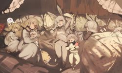 Rule 34 | 6+girls, animal ears, arm up, barefoot, bed, brown hair, closed mouth, commentary, dress, closed eyes, frilled pillow, frills, grey dress, grey hair, grey pajamas, grey pants, grey shirt, half-closed eye, highres, long hair, long sleeves, lying, multiple girls, nightgown, hugging object, on back, on side, one eye closed, open mouth, original, pajamas, pants, pillow, puffy long sleeves, puffy sleeves, rabbit ears, red eyes, shirokujira, shirt, sleeping, sleeves past wrists, spoken food, stuffed animal, stuffed octopus, stuffed toy, symbol-only commentary, teeth, thought bubble, under covers, upper teeth only, white dress, white pajamas, white pants, white shirt, yawning, zzz