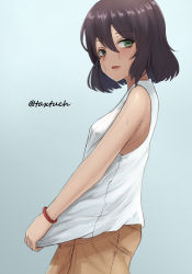 Rule 34 | 10s, 1girl, bracelet, brown hair, commentary, cowboy shot, dark-skinned female, dark skin, girls und panzer, green eyes, grey background, highres, hoshino (girls und panzer), jewelry, looking at viewer, one-hour drawing challenge, open mouth, orange pants, pants, shirt, shirt tug, short hair, solo, sweat, tacch, tank top, twitter username, upper body, white shirt