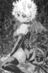 Rule 34 | 1girl, absurdres, ashido mina, ass, bare shoulders, bat wings, black sclera, boku no hero academia, boots, breasts, closed mouth, colored sclera, commentary request, demon girl, demon tail, earrings, food-themed hair ornament, greyscale, hair ornament, halloween costume, heart, high heels, highres, huge filesize, jewelry, looking at viewer, looking back, monochrome, nstime23, pumpkin hair ornament, sitting, solo, demon girl, tail, tattoo, thigh boots, thighhighs, wariza, wings