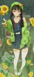 Rule 34 | 1girl, absurdres, black hair, black shirt, blunt bangs, braid, closed mouth, collarbone, cowboy shot, flower, green hat, green jacket, hat, highres, hlyzz, holding, holding paintbrush, indoors, jacket, long hair, long sleeves, looking at viewer, open clothes, open jacket, original, overalls, paintbrush, pointing, pointing at viewer, shirt, solo, thighhighs, twin braids, white thighhighs, yellow eyes, yellow flower, zettai ryouiki