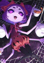 Rule 34 | arthropod girl, black pantyhose, colored skin, cup, extra arms, extra eyes, fangs, glowing, glowing eyes, highres, holding, holding cup, holding teapot, insect girl, monster girl, muffet, pantyhose, puffy shorts, purple hair, purple skin, red shorts, red skirt, short hair, shorts, silk, skirt, spider girl, spider web, teapot, tokumaro, twintails, undertale