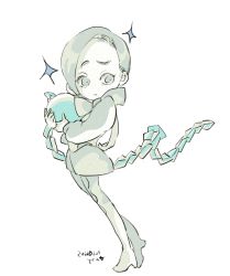 Rule 34 | 1other, asymmetrical hair, ball and chain (weapon), benitoite (houseki no kuni), chibi, frown, full body, high heels, holding, houseki no kuni, long sleeves, looking afar, looking to the side, orb, pantyhose, scarf, short hair, shorts, sideways glance, simple background, solo, sparkle, standing, suspender shorts, suspenders, white background, yawo