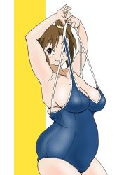 Rule 34 | 1girl, armpits, arms up, breasts, brown eyes, brown hair, eleven929rr, fat, futami mami, idolmaster, idolmaster (classic), large breasts, one-piece swimsuit, one side up, plump, pulling, smile, solo, swimsuit