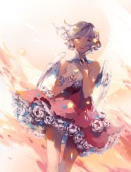 Rule 34 | 1girl, angel wings, breasts, cleavage, closed eyes, clothing request, commentary, commission, copyright request, dress, empty eyes, english commentary, flower, forget-me-not (flower), frills, hand on own chest, highres, moon, nyanfood, pink dress, short hair, solo, sparkle, star (symbol), tagme, white hair, wings