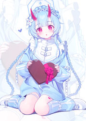 Rule 34 | 1girl, alternate costume, blue archive, blue hair, blue halo, blue jacket, blush, box, braid, chise (blue archive), deadnooodles, full body, gift, gift box, halo, heart, heart-shaped box, highres, holding, holding gift, horns, jacket, leg warmers, long hair, looking at viewer, red eyes, red horns, shoes, sitting, solo, twin braids, very long hair, wariza, white footwear