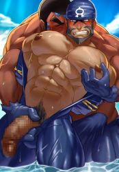 Rule 34 | 2boys, abs, alternate pectoral size, archie (pokemon), bandana, bara, bare pectorals, blue bandana, blue bodysuit, blush, bodysuit, brown hair, bulge, censored, creatures (company), dark-skinned male, dark skin, darlton, diving suit, erection, erection under clothes, facial hair, flaccid, game freak, grabbing, groping, highres, kiss, kissing neck, large pectorals, male focus, male pubic hair, matt (pokemon), mature male, mosaic censoring, multiple boys, muscular, muscular male, mustache, navel, navel hair, nintendo, nipples, open bodysuit, open clothes, partially submerged, pectoral grab, pectorals, penis, penis grab, pokemon, pokemon oras, pubic hair, short hair, skin tight, smelling, stomach, sweat, team aqua, thick thighs, thighs, torogao, undressing another, wet, wetsuit, yaoi