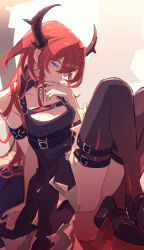 Rule 34 | 1girl, arknights, armlet, bare arms, bare shoulders, belt, belt buckle, black belt, black footwear, breasts, brown dress, brown horns, brown thighhighs, buckle, chest belt, chest strap, cleavage, closed mouth, collarbone, commentary request, crossed legs, demon girl, demon horns, detached collar, dress, expressionless, eyelashes, from side, full body, gradient background, hair between eyes, hair flowing over, hair intakes, hand in own hair, hand on own chin, hand up, hatching (texture), head down, high belt, high collar, high heels, highres, horns, infection monitor (arknights), knees up, linear hatching, long hair, looking at viewer, looking to the side, medium breasts, multiple belts, profile, pumps, purple eyes, red hair, roncele, sepia background, sidelocks, sitting, sleeveless, sleeveless dress, slit pupils, solo, straight hair, surtr (arknights), thigh belt, thigh strap, thighhighs, two-sided dress, two-sided fabric, underbust, very long hair, wing collar