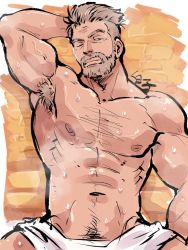 Rule 34 | 1boy, abs, alternate pectoral size, armpit hair, armpits, bara, beard, chest hair, closed mouth, facial hair, fate/grand order, fate (series), feet out of frame, highres, large pectorals, looking at viewer, male focus, mature male, muscular, muscular male, mustache, naked towel, navel, navel hair, nipples, old, old man, one eye closed, pectorals, pubic hair, pubic hair peek, sauna, shirako (kirupi), short hair, solo, steam, stomach, sweat, topless male, towel, william tell (fate), wrinkled skin