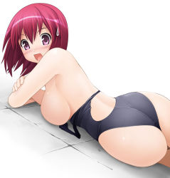 Rule 34 | 00s, 1girl, ass, blush, breast press, breasts, clothes pull, competition swimsuit, kintarou (kintarou&#039;s room), kushieda minori, large breasts, lying, one-piece swimsuit, one-piece swimsuit pull, open mouth, pink eyes, red hair, short hair, smile, solo, sweatdrop, swimsuit, teardrop, topless, toradora!, wedgie