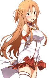 Rule 34 | 1girl, armor, asuna (sao), blush, braid, breastplate, breasts, brown eyes, brown hair, covering ass, covering crotch, covering privates, cowboy shot, detached sleeves, from side, hatakenaka (kamagabuchi), highres, long hair, looking at viewer, medium breasts, one side up, open mouth, pleated skirt, side braid, sidelocks, simple background, skirt, skirt tug, sleeves past wrists, solo, sword art online, thighhighs, white thighhighs, wide-eyed, wind, wind lift, zettai ryouiki