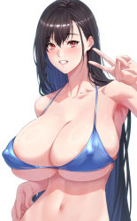 Rule 34 | 1girl, bare shoulders, bikini, blush, breasts, brown hair, cleavage, collarbone, final fantasy, final fantasy vii, grin, large breasts, long hair, looking at viewer, navel, red eyes, smile, solo, swimsuit, tifa lockhart, zucchini