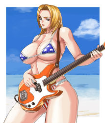 Rule 34 | 1girl, american flag bikini, bad id, bad pixiv id, bass guitar, beach, bikini, blonde hair, blue eyes, breasts, cleavage, day, dead or alive, female focus, flag print, guitar, holding, holding instrument, ibanen, instrument, large breasts, long hair, micro bikini, ocean, outdoors, sky, solo, swimsuit, tecmo, tina armstrong, underboob, united states