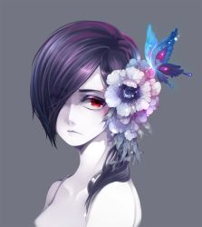Rule 34 | 10s, 1girl, bare shoulders, black hair, butterfly hair ornament, dress, flower, grey background, hair flower, hair ornament, hair over one eye, kirishima touka, long hair, red eyes, simple background, solo, sundress, tokyo ghoul, yyxm1017