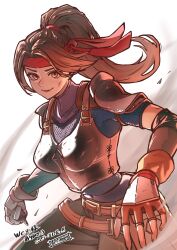 Rule 34 | 1girl, absurdres, ap cammy, armor, belt, belt buckle, brown belt, brown eyes, brown hair, buckle, commentary request, commission, detached sleeves, final fantasy, final fantasy vii, fingerless gloves, gloves, headband, highres, jessie rasberry, long hair, long sleeves, looking at viewer, ponytail, red headband, short sleeves, shorts, shoulder armor, skeb commission, smile, solo, standing, turtleneck