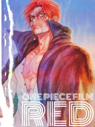 Rule 34 | 1boy, black cape, cape, expressionless, facial hair, highres, holding, holding weapon, looking at viewer, muscular, one piece, one piece film: red, pectorals, red hair, remita, scar, scar across eye, scar on face, shanks (one piece), shirt, short hair, simple background, sky, solo, sword, title, weapon, white shirt