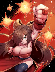 Rule 34 | 1girl, arm above head, armpits, ass, black thighhighs, breasts, brown hair, cleavage, clenched hands, commission, cowboy shot, fight&#039;n rage, gal (fight&#039;n rage), gloves, hair over one eye, hair ribbon, highres, huge breasts, long hair, long skirt, looking at viewer, looking up, navel, no panties, outline, partially fingerless gloves, raised fist, red eyes, red gloves, red skirt, red tube top, ribbon, serious, shiny skin, shouting, side slit, skeb commission, skindentation, skirt, solo, sparks, stomach, strapless, thighhighs, tube top, tukiwani, very long hair, yellow ribbon