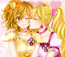 Rule 34 | 00s, 2girls, blonde hair, blush, brown eyes, brown hair, kissing cheek, choker, collarbone, cure peach, cure pine, dress, earrings, closed eyes, female focus, fresh precure!, friends, hair ornament, hair ribbon, hand on shoulder, heart, heart background, heart earrings, heart hair ornament, hug, jewelry, kiss, long hair, looking at another, magical girl, momozono love, msh chaba69, multiple girls, pink dress, precure, ribbon, short hair, side ponytail, smile, twintails, wince, yamabuki inori, yellow dress, yuri