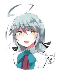 Rule 34 | 1girl, ahoge, blue bow, blue bowtie, blush, bow, bowtie, commentary request, dai yasude, flying sweatdrops, grey hair, hair between eyes, hair in face, hair ribbon, hamanami (kancolle), highres, kantai collection, long hair, looking away, open mouth, portrait, ribbon, shirt, simple background, solo, white background, white shirt, yellow eyes