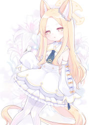 Rule 34 | 1girl, animal ears, ascot, bird, blonde hair, blue archive, commentary request, cruciform halo, detached sleeves, dress, eyes visible through hair, floral background, flower, forehead, fox ears, hair flower, hair ornament, halo, highres, knees together feet apart, long hair, long sleeves, looking at viewer, ni kiro, pantyhose, parted bangs, parted lips, school uniform, seia (blue archive), sidelocks, simple background, sleeves past wrists, white dress, white pantyhose, wide sleeves, yellow eyes