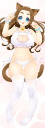 Rule 34 | 1girl, :d, animal ears, bare shoulders, bell, blue eyes, blush, bra, breasts, brown hair, cameltoe, cat cutout, cat ear panties, cat ears, cat lingerie, cat tail, choker, cleavage, cleavage cutout, clothing cutout, collar, eyebrows, frilled bra, frills, gluteal fold, jingle bell, large breasts, long hair, looking at viewer, meme attire, mole, nashirasauce, navel, neck bell, open mouth, original, panties, paw pose, side-tie panties, smile, solo, tail, thick eyebrows, thigh gap, thighhighs, underwear, underwear only, white bra, white panties, white thighhighs