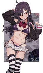 Rule 34 | 1girl, ahoge, arm up, bikini, black hair, bow, bowtie, breasts, clothing cutout, frown, hair ornament, hairclip, hand up, highleg, highleg panties, highres, large breasts, long hair, long sleeves, looking at viewer, microskirt, navel, open mouth, original, panties, purple bikini, red eyes, sailor collar, shisoneri, shoulder cutout, shrug (clothing), sidelocks, skirt, solo, stomach, string bikini, striped clothes, striped thighhighs, sweat, swimsuit, thighhighs, thighs, underwear, white skirt
