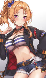 Rule 34 | 1girl, bandeau, black choker, black jacket, blonde hair, blue bow, blush, bow, breasts, choker, cleavage, commentary request, cosplay, cowboy shot, cutoffs, denim, denim shorts, gloves, gold city (umamusume), gold city (umamusume) (cosplay), gradient background, grey background, hair bow, hand on own hip, hand up, hasumushi, highres, idolmaster, idolmaster cinderella girls, jacket, kiryu tsukasa (idolmaster), large breasts, long hair, long sleeves, looking at viewer, midriff, navel, open clothes, open jacket, ponytail, purple eyes, short shorts, shorts, single glove, solo, stomach, strapless, striped bandeau, thighs, tube top, umamusume, white background, white gloves
