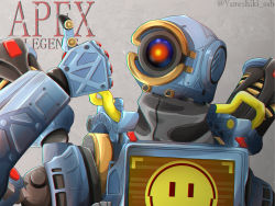 Rule 34 | 1boy, absurdres, apex legends, commentary, copyright name, english commentary, grey background, head tilt, highres, huge filesize, humanoid robot, looking up, no humans, one-eyed, pathfinder (apex legends), robot, science fiction, solo, thumbs up, twitter username, upper body, yureshiki ssb