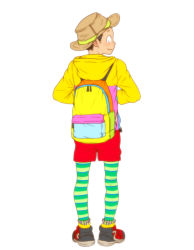 Rule 34 | 1boy, backpack, bad id, bad pixiv id, bag, black hair, blush, from behind, full body, hat, jacket, leggings, male focus, original, shoes, short hair, shorts, simple background, smile, sneakers, socks, solo, striped clothes, striped socks, torte (triggerhappy), white background