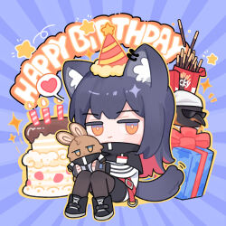 Rule 34 | 1girl, absurdres, animal ears, arknights, black footwear, black gloves, black hair, black pantyhose, black shorts, box, bright pupils, cake, candle, character doll, chibi, colored inner hair, ear piercing, fingerless gloves, food, gift, gift box, gloves, happy birthday, hat, highres, holding, holding stuffed toy, huang qing ye, jitome, long sleeves, multicolored hair, pantyhose, party hat, piercing, pocky, red hair, shoes, shorts, simple background, sitting, solo, stuffed toy, tail, texas (arknights), the emperor (arknights), white pupils, wolf ears, wolf girl, wolf tail, yellow eyes