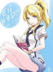Rule 34 | 1girl, artist request, ayase eli, blonde hair, blouse, blue eyes, blush, book, character name, collared shirt, dated, dress, happy birthday, high ponytail, highres, long hair, love live!, love live! school idol festival, love live! school idol project, miniskirt, ponytail, shirt, sitting, skirt, smile, solo, striped clothes, striped skirt, swept bangs, urutsu sahari, vertical-striped clothes, vertical-striped skirt, white shirt